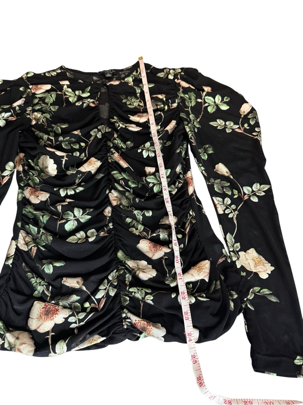 Black Floral Ruched Mesh Top Keyhole Puff Sleeve Romantic Cottagecore Feminine - Picture 3 of 15